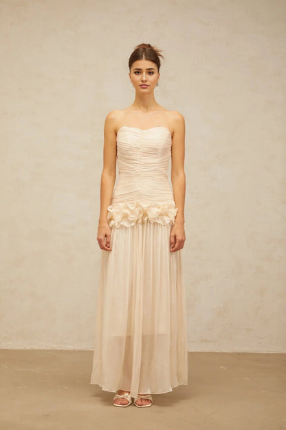Blush Strapless Ruffled Chiffon Maxi Dress neutrals ruffled pleated maxi dress Evening Dress by YiHuiw