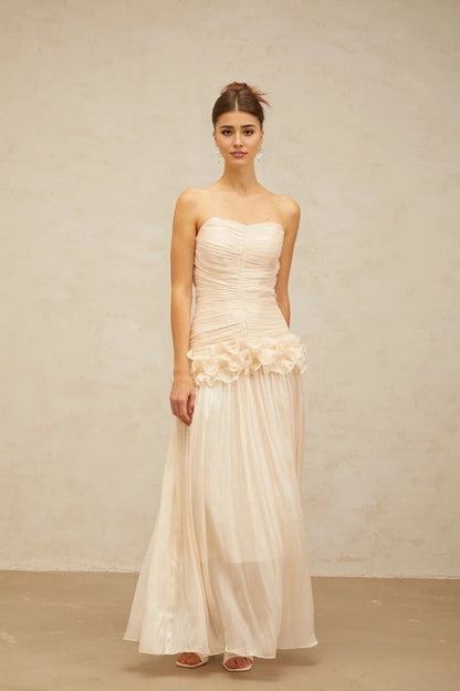 Blush Strapless Ruffled Chiffon Maxi Dress neutrals ruffled pleated maxi dress Evening Dress by YiHuiw