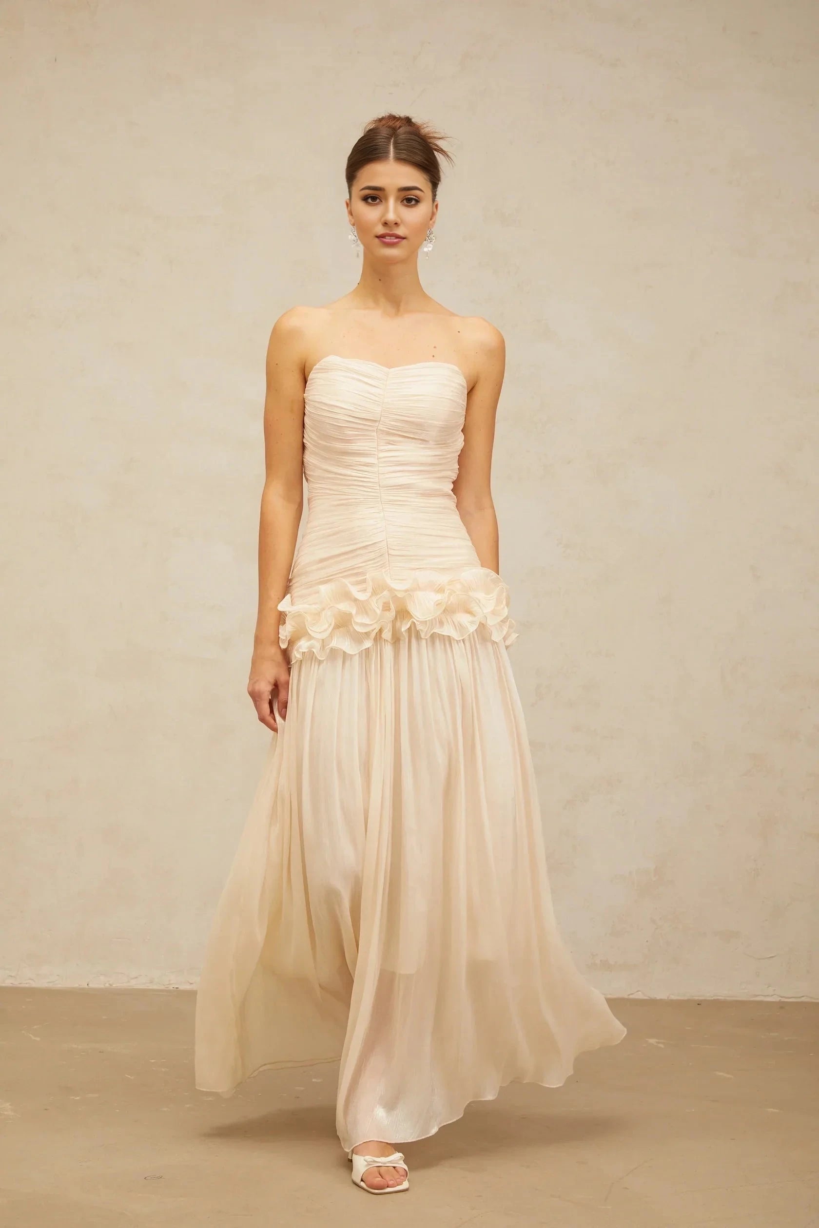 Blush Strapless Ruffled Chiffon Maxi Dress neutrals ruffled pleated maxi dress Evening Dress by YiHuiw