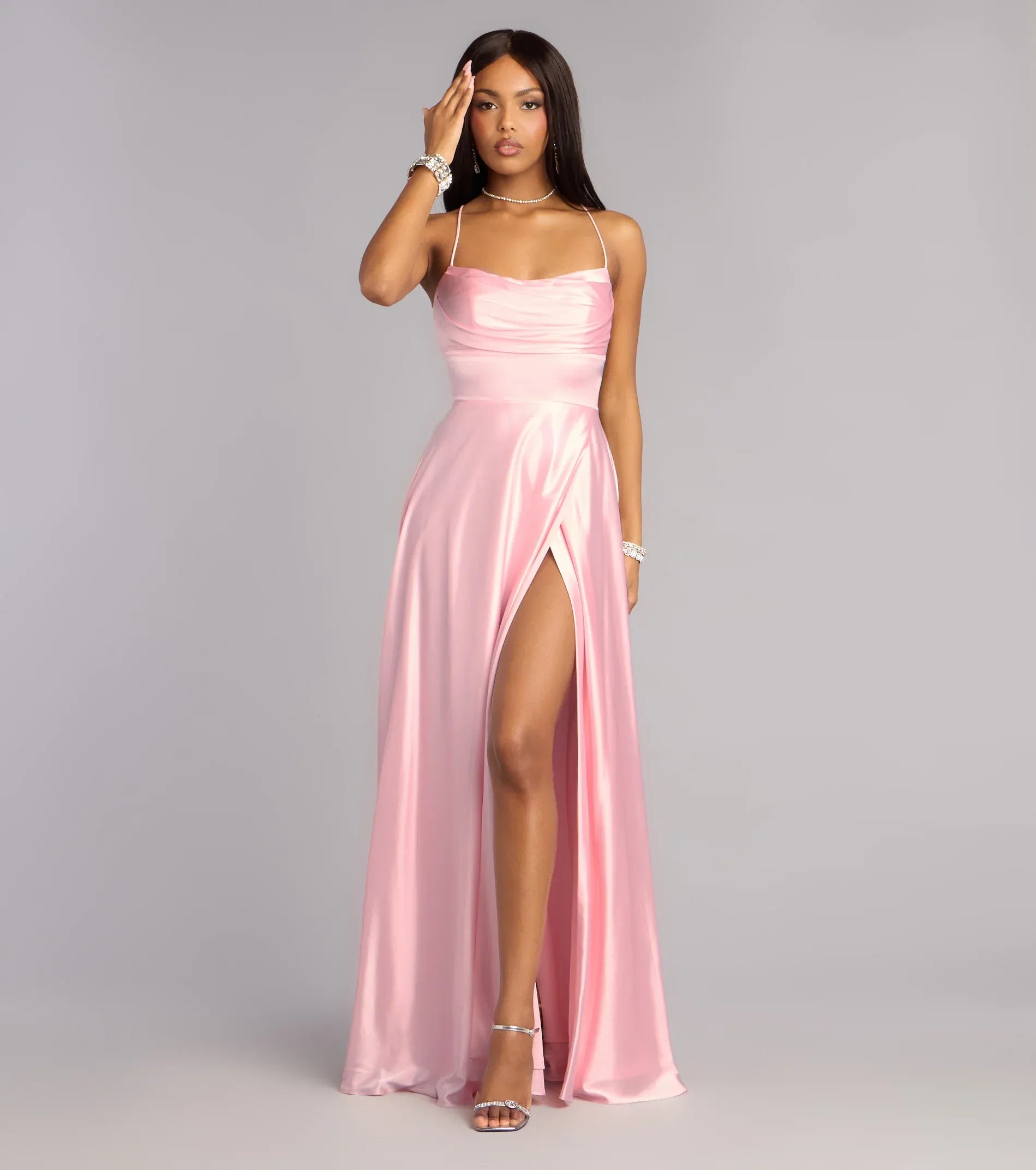 Spaghetti Strap Satin Lace-Up Back High Slit Floor-Length Wedding Dress - Yihuiw by Yihuiw