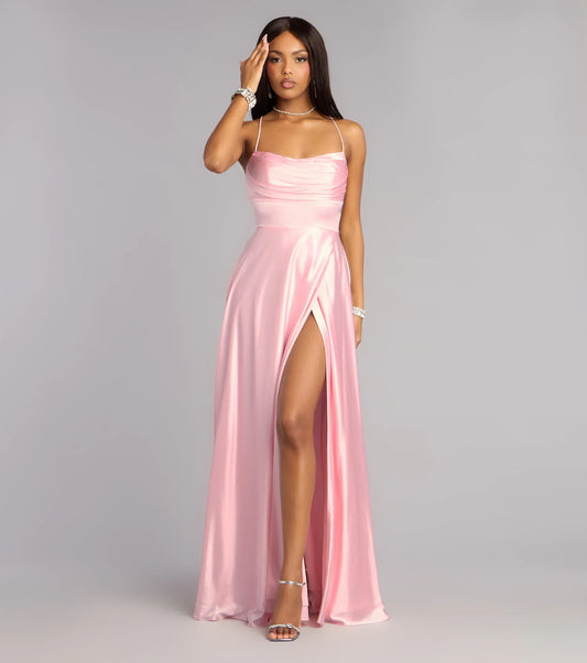 Spaghetti Strap Satin Lace-Up Back High Slit Floor-Length Wedding Dress - Yihuiw by Yihuiw