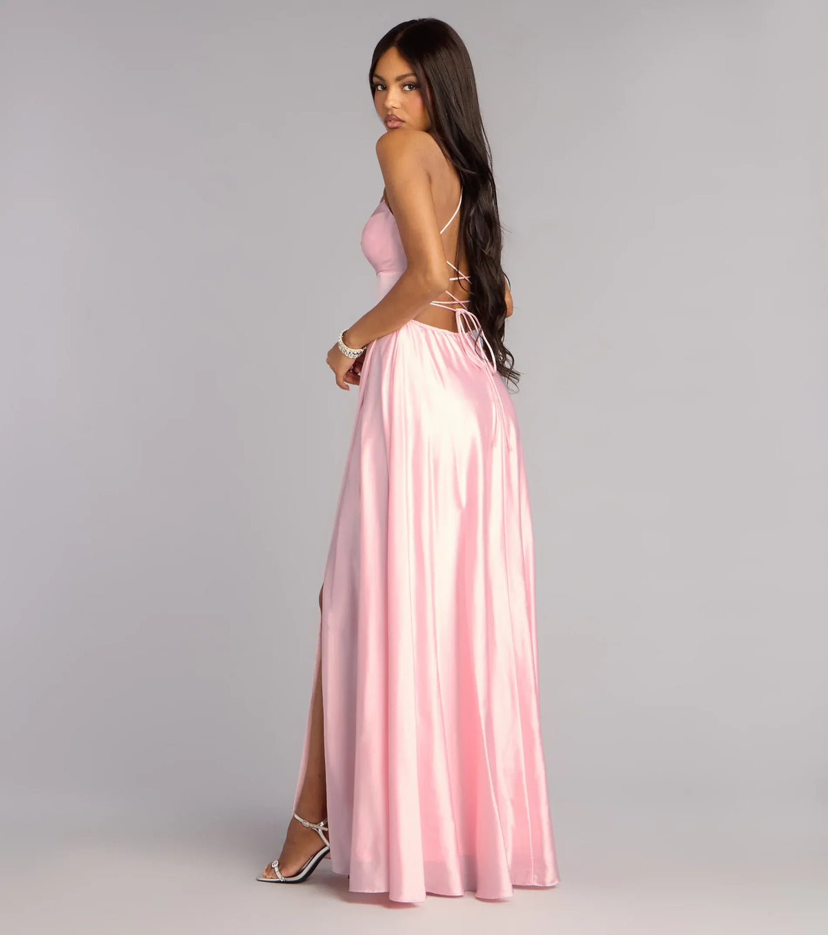 Spaghetti Strap Satin Lace-Up Back High Slit Floor-Length Wedding Dress - Yihuiw by Yihuiw