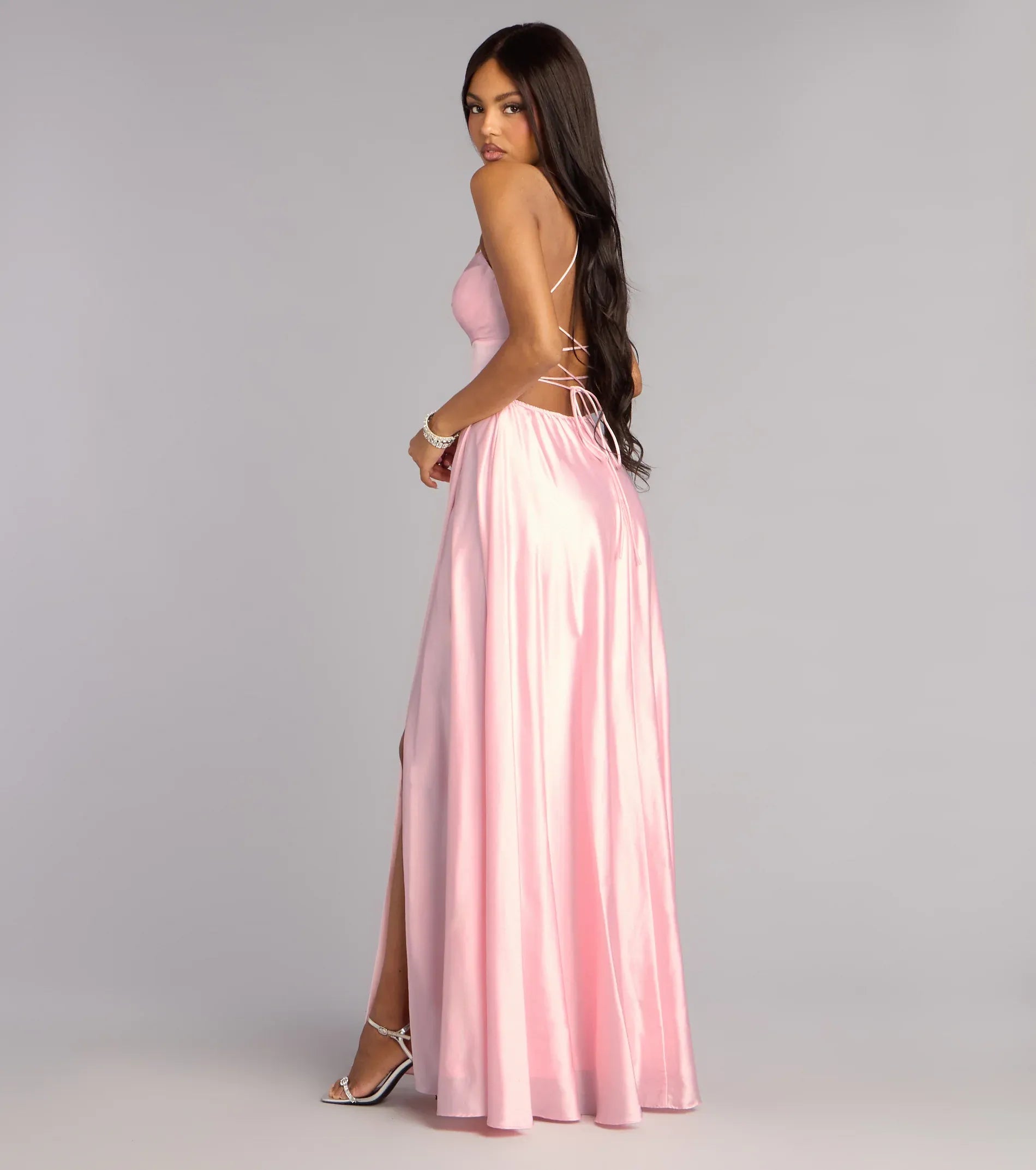 Spaghetti Strap Satin Lace-Up Back High Slit Floor-Length Wedding Dress - Yihuiw by Yihuiw