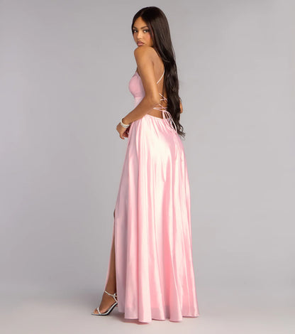 Spaghetti Strap Satin Lace-Up Back High Slit Floor-Length Wedding Dress - Yihuiw by Yihuiw