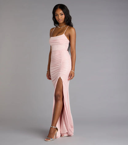 Mermaid Spaghetti Strap Lace Lace-Up Back High Slit Floor-Length Wedding Dress - Yihuiw by Yihuiw