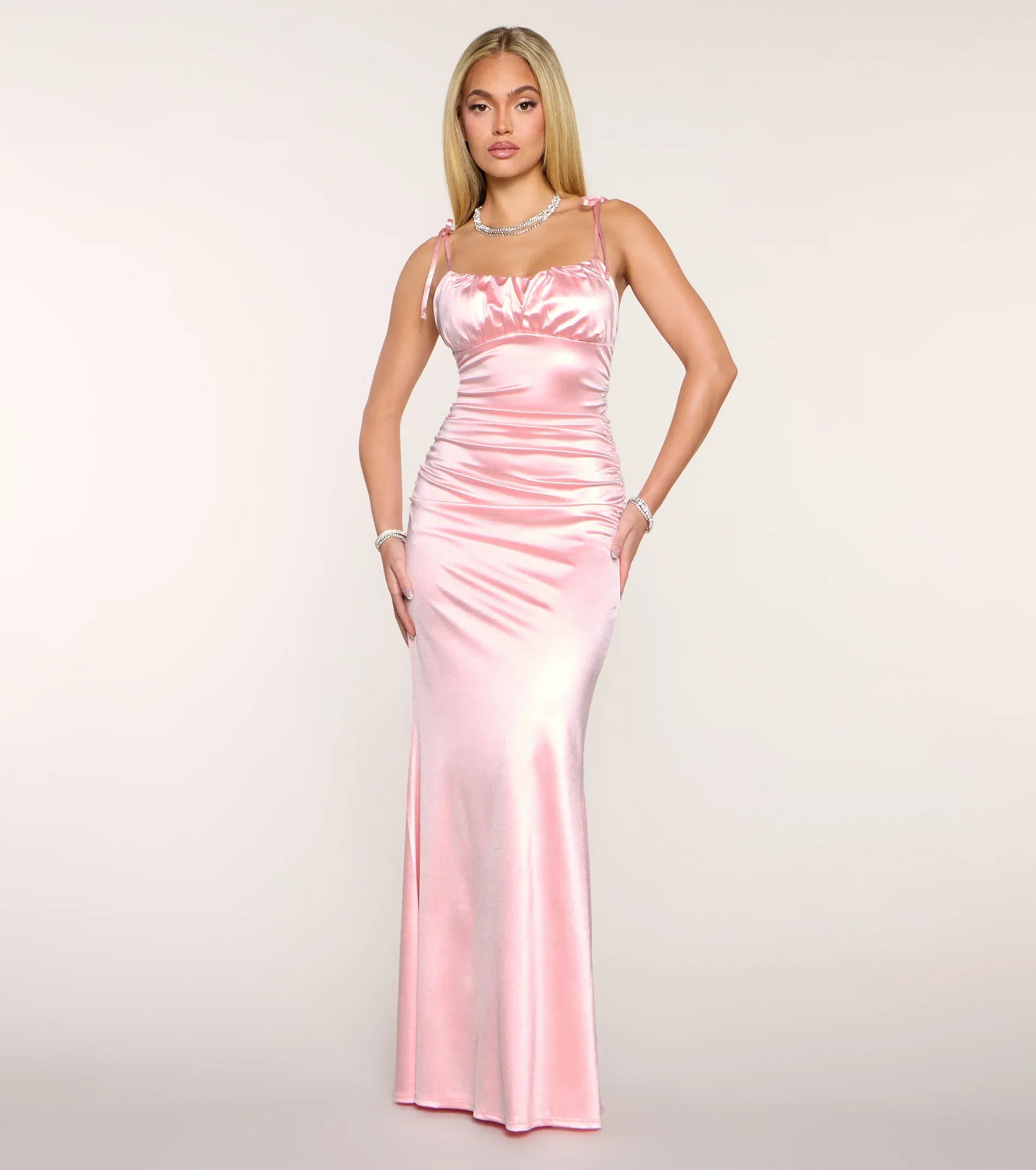 Mermaid Spaghetti Strap Satin Lace-Up Back Ruched Floor-Length Wedding Dress - Yihuiw by Yihuiw