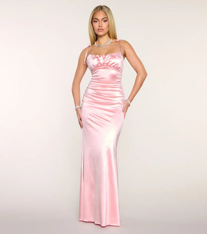 Mermaid Spaghetti Strap Satin Lace-Up Back Ruched Floor-Length Wedding Dress - Yihuiw by Yihuiw