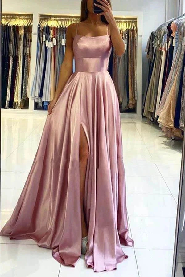 Blush A Line Silk Satin Scoop Spaghetti Straps Prom Dresses Party Dress simple gentle atmospheric and unique desi Bring summer colors to enhance whiteness by YiHuiw