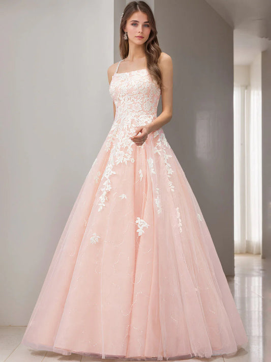 Blush Pink Sequin Tulle Ball Dress Prom Dress with 3D Lace Appliqué, One-Shoulder Neckline & Cross-Back Straps