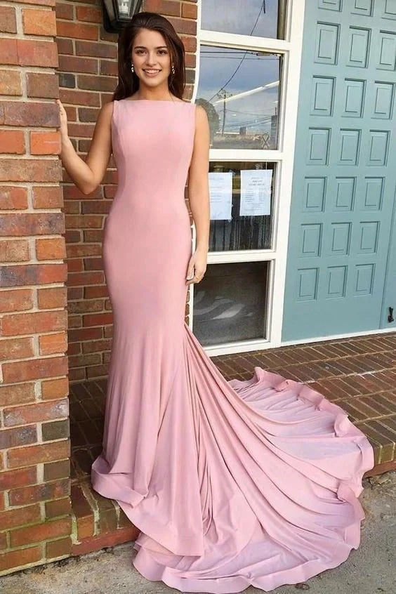 Blush Pink Sleeveless Mermaid Evening Gown with Train Boat Necking Long Sheath Pink Elegant Simple Cheap Prom Dresses Prom Gowns Party Dresses by YiHuiw