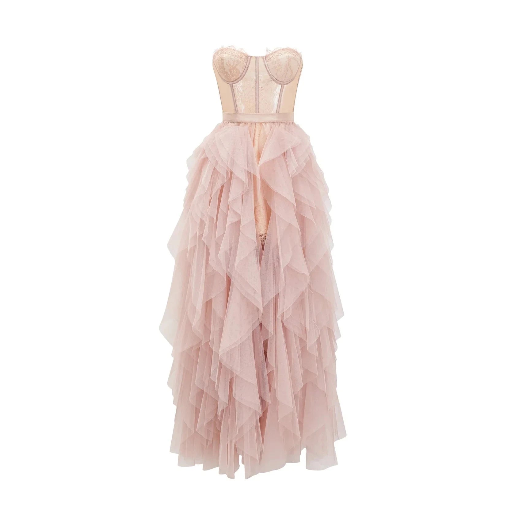 Blush Pink Strapless Ruffled Tulle Maxi Dress Pink Bustier Mesh Maxi Dress Evening Dress by YiHuiw