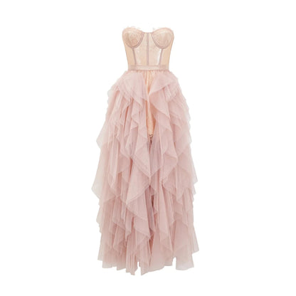 Blush Pink Strapless Ruffled Tulle Maxi Dress Pink Bustier Mesh Maxi Dress Evening Dress by YiHuiw