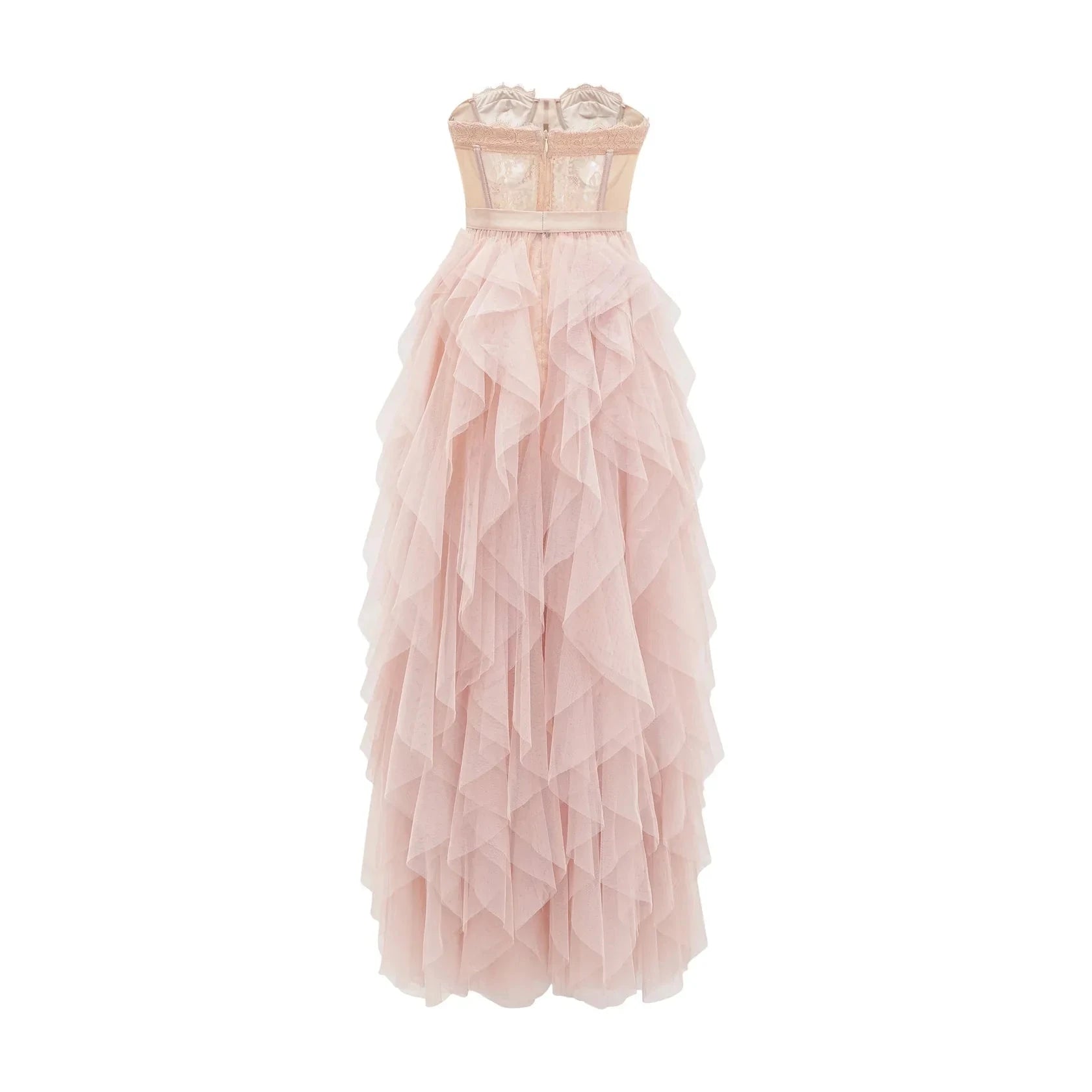 Blush Pink Strapless Ruffled Tulle Maxi Dress Pink Bustier Mesh Maxi Dress Evening Dress by YiHuiw