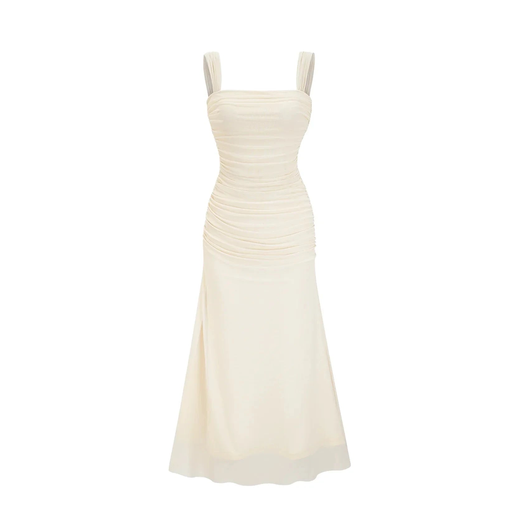 Ivory Ruched Square Neck Midi Dress Giulia off-white mesh pleated midi dress Evening Dress by YiHuiw