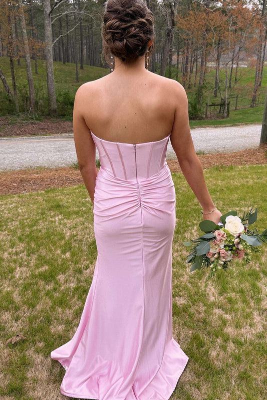 Blush Pink Strapless Satin Prom Dress with Corset Bodice & Mermaid Hem by JiMiss Dresses