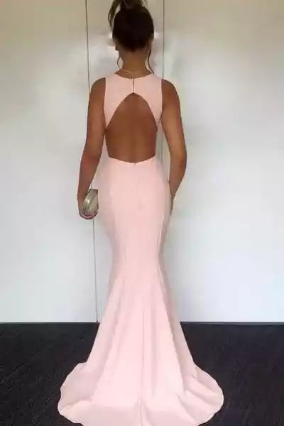 Blush Pink Stretch Crepe Mermaid Dress with Keyhole Neck & Open Back