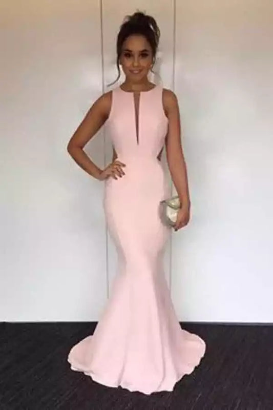 Blush Pink Stretch Crepe Mermaid Dress with Keyhole Neck & Open Back