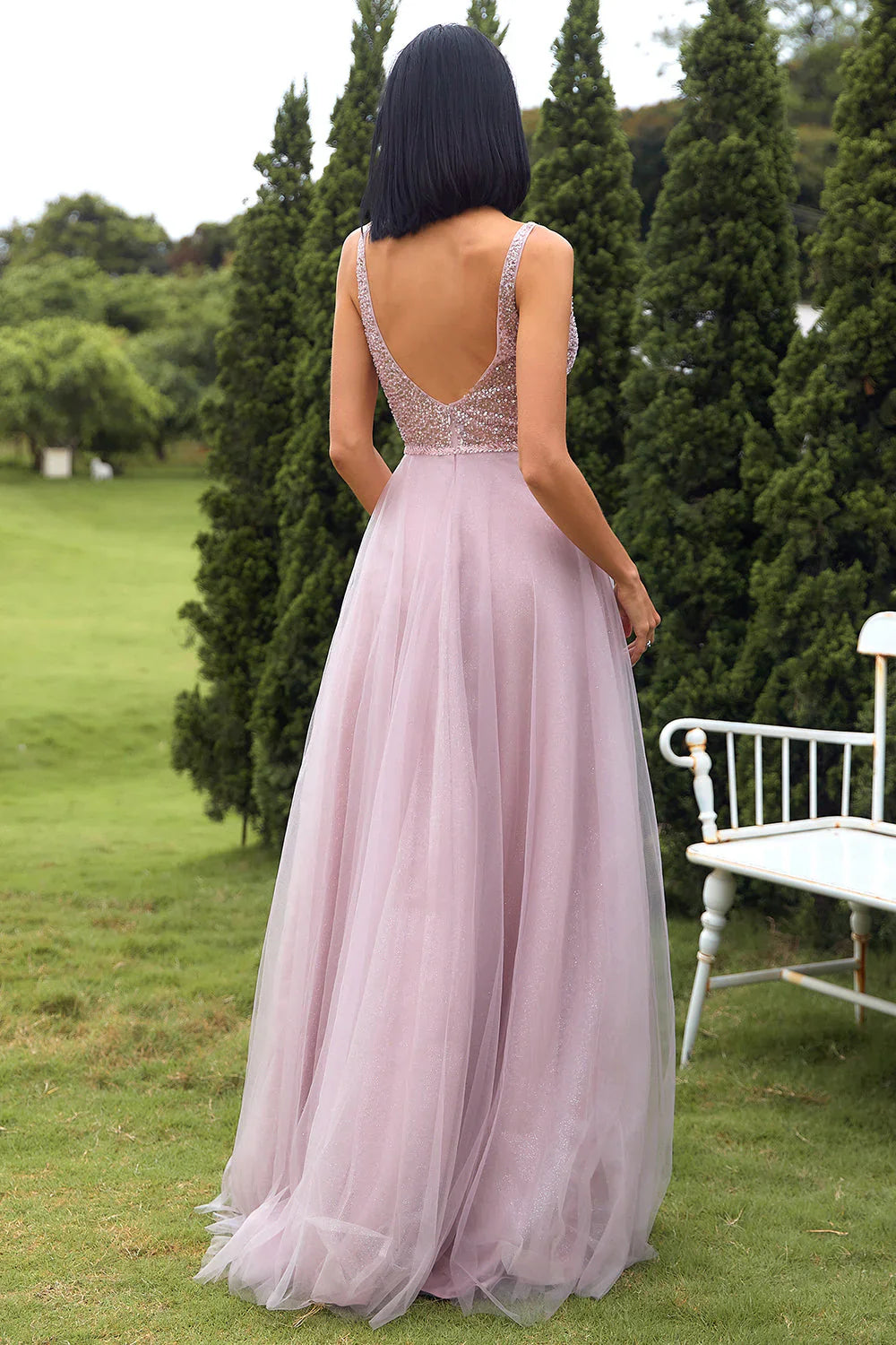 Elegante vestido de graduación de tul rosa rubor con tirantes finos y cintura brillante – Vestido de noche formal de corte en A