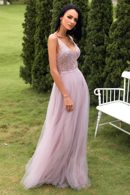 Elegante vestido de graduación de tul rosa rubor con tirantes finos y cintura brillante – Vestido de noche formal de corte en A