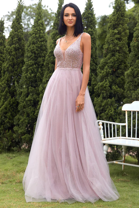 Elegant Blush Pink Tulle Prom Dress with Spaghetti Straps and Glitter Waist – A-Line Formal Evening Gown