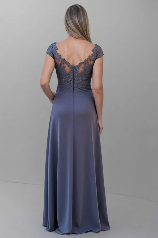 Dusty Blue Lace Mother of the Bride Dress with Cap Sleeves and High Slit – Elegant Formal Evening Gown