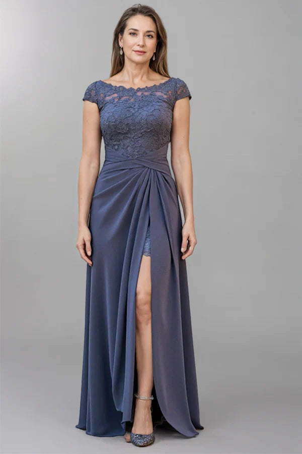 Vestido de encaje azul empolvado para la madre de la novia con mangas casquillo y abertura alta – Elegante vestido de noche formal