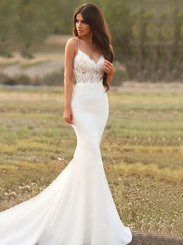 Mermaid Spaghetti Strap Chiffon Train Wedding Dress - Yihuiw by Yihuiw