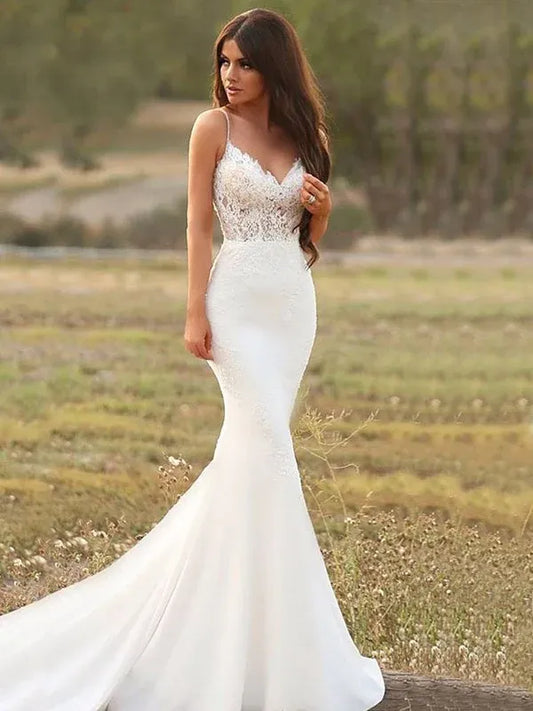 Mermaid Spaghetti Strap Chiffon Train Wedding Dress - Yihuiw by Yihuiw