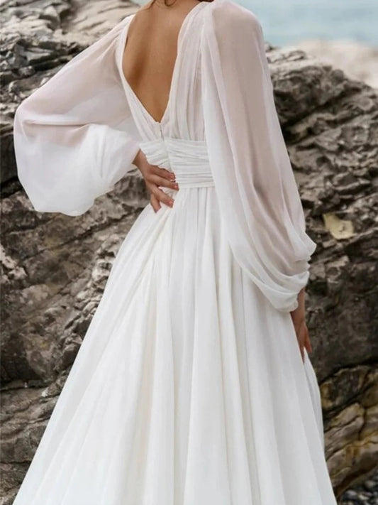 Bohemian Ivory V-Neck Lace Trim Chiffon Bishop Sleeve A-Line Floor-Length Wedding Dress with Sweep Train