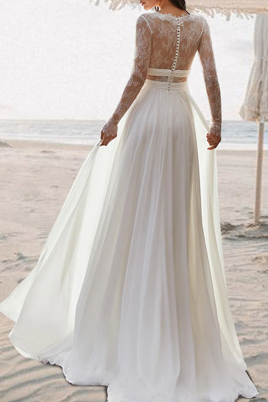 Bohemian Lace & Chiffon A-Line Deep-V Long-Sleeve Low-Back Train Wedding Dress