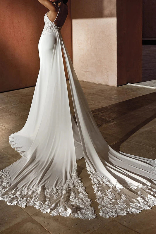 Bohemian Lace & Chiffon Mermaid Spaghetti-Strap Deep-V Detachable-Train Wedding Dress by YiHuiw