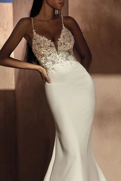 Bohemian Lace & Chiffon Mermaid Spaghetti-Strap Deep-V Detachable-Train Wedding Dress by YiHuiw