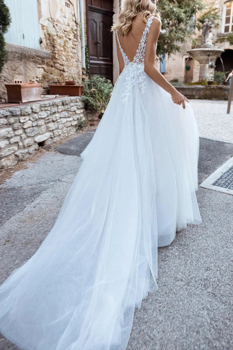 Bohemian Lace & Tulle A-Line Deep-V Embellished-Bodice High-Slit Cathedral-Train Wedding Dress by YiHuiw