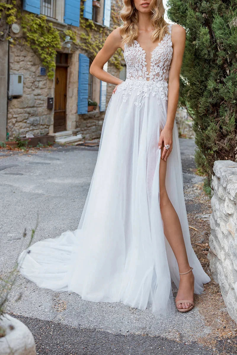 Bohemian Lace & Tulle A-Line Deep-V Embellished-Bodice High-Slit Cathedral-Train Wedding Dress by YiHuiw