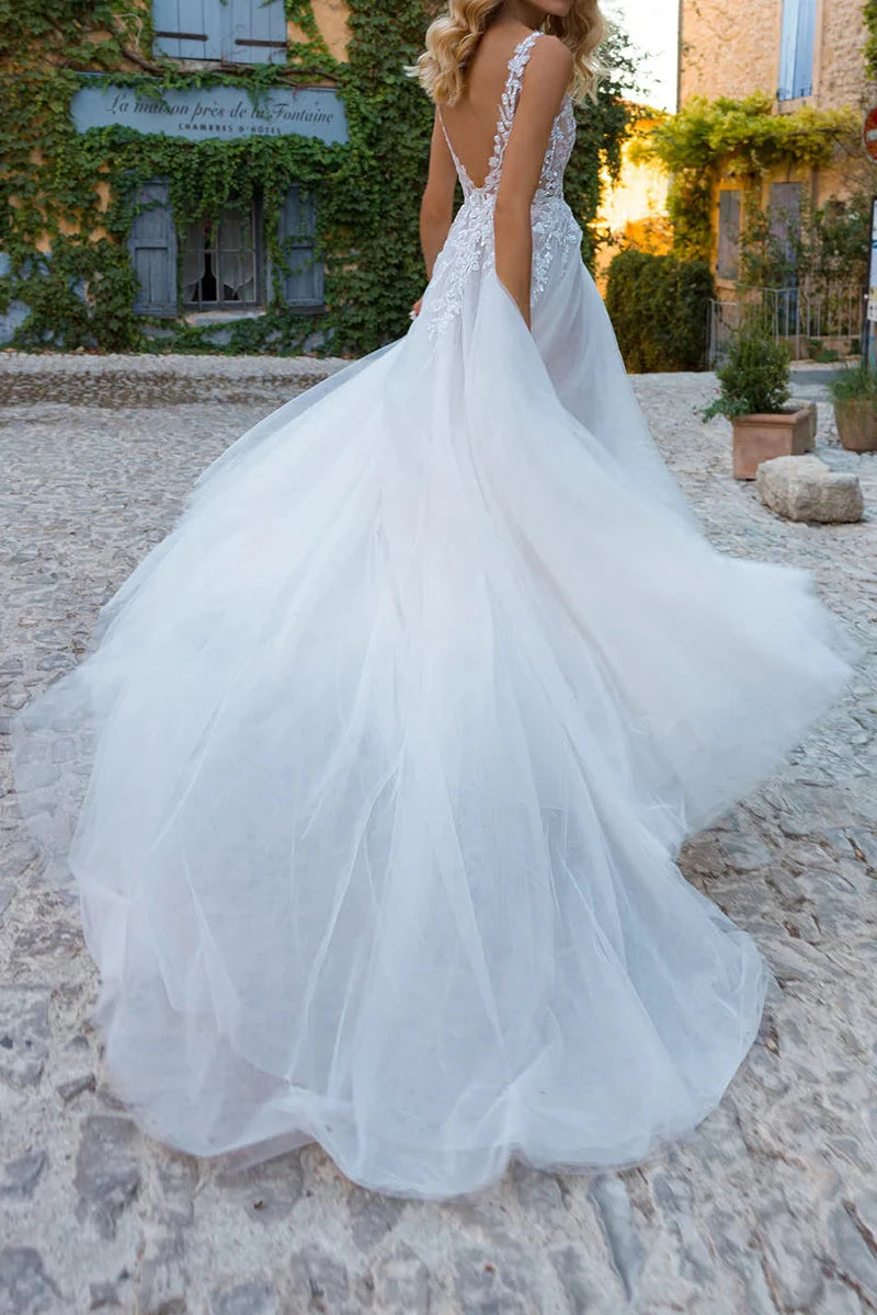 Bohemian Lace & Tulle A-Line Deep-V Embellished-Bodice High-Slit Cathedral-Train Wedding Dress by YiHuiw