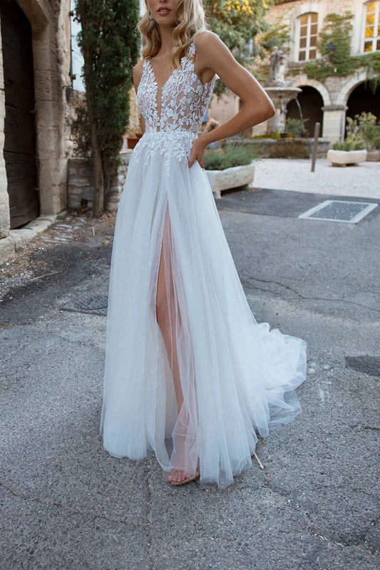 Bohemian Lace & Tulle A-Line Deep-V Embellished-Bodice High-Slit Cathedral-Train Wedding Dress by YiHuiw