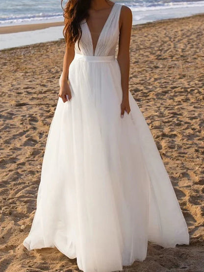 Bohemian Plunging V-Neck Crinkle Tulle Sleeveless A-Line Beach Wedding Dress with Sweep Train