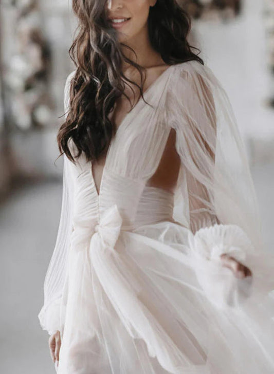 Bohemian Plunging V-Neck Sheer Puff Sleeve Open Back Tulle A-Line Wedding Dress with Chapel Train