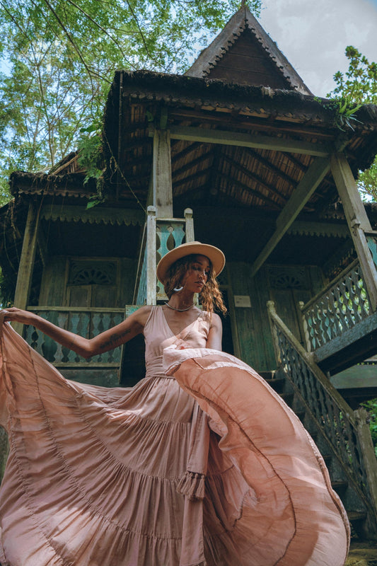 Bohemian Tiered Maxi Dress with Deep V Neck and Tassel Sash