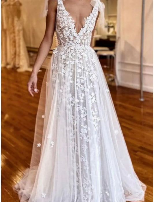A-Line Tulle Train Wedding Dress - Yihuiw by Yihuiw
