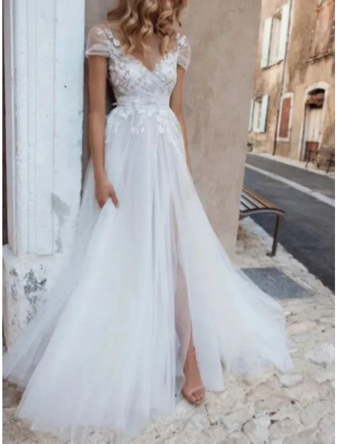 A-Line V-Neck Tulle Cap Sleeve High Slit Wedding Dress - Yihuiw by Yihuiw