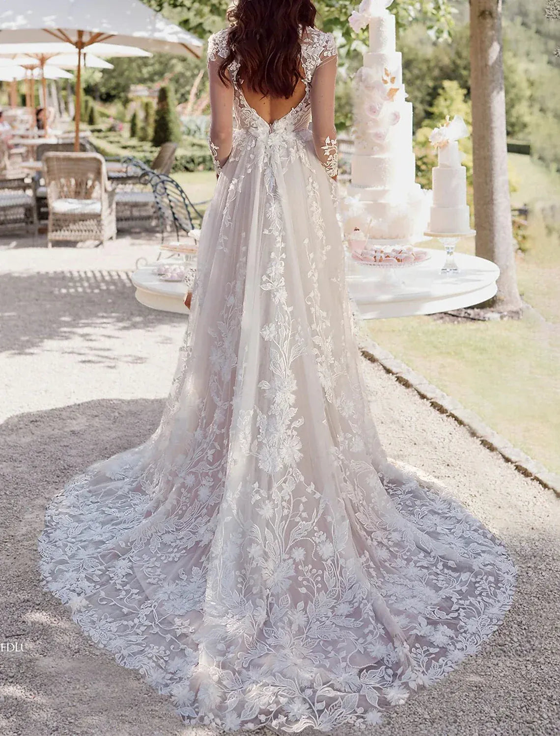 A-Line V-Neck Lace Long Sleeve Open Back Train Wedding Dress - Yihuiw by Yihuiw