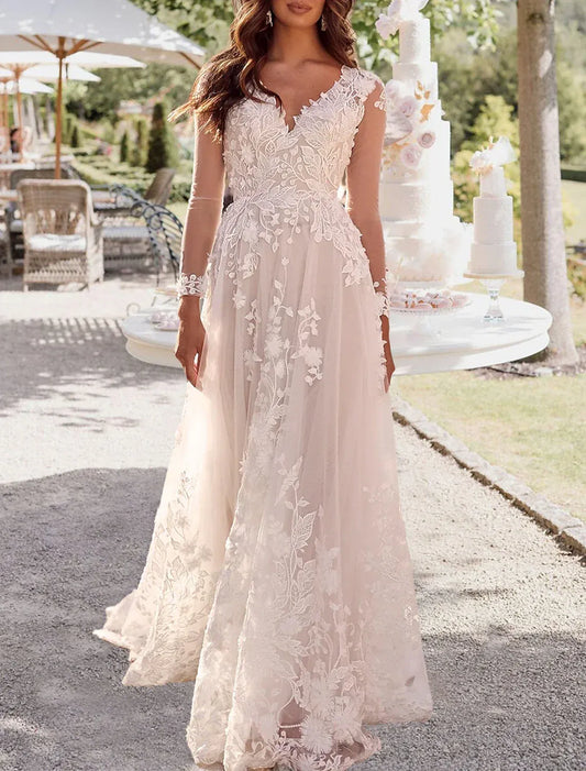 A-Line V-Neck Lace Long Sleeve Open Back Train Wedding Dress - Yihuiw by Yihuiw