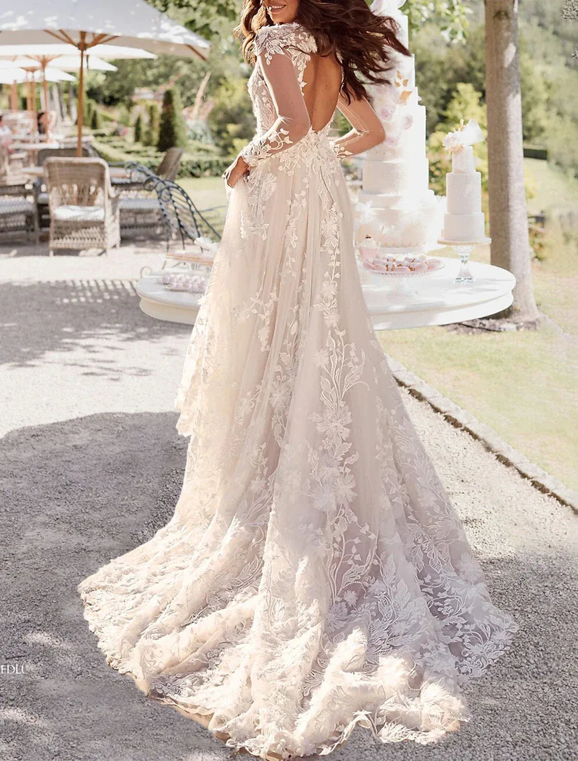 A-Line V-Neck Lace Long Sleeve Open Back Train Wedding Dress - Yihuiw by Yihuiw