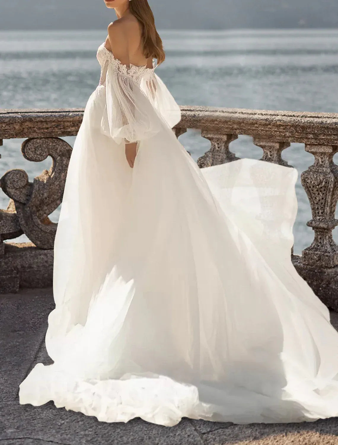 A-Line Off-Shoulder Chiffon Puff Sleeve High Slit Wedding Dress - Yihuiw by Yihuiw