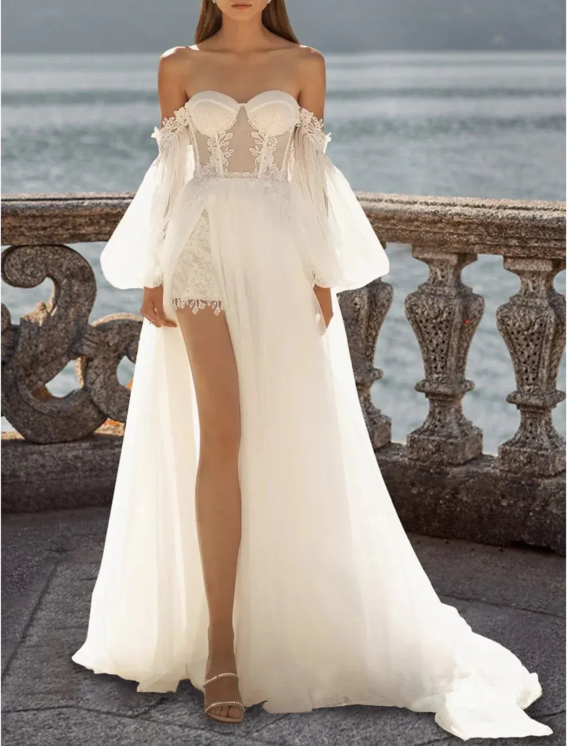 A-Line Off-Shoulder Chiffon Puff Sleeve High Slit Wedding Dress - Yihuiw by Yihuiw
