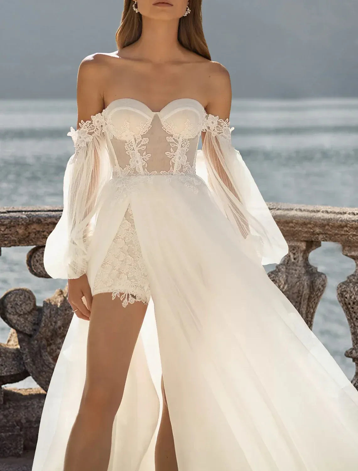 A-Line Off-Shoulder Chiffon Puff Sleeve High Slit Wedding Dress - Yihuiw by Yihuiw