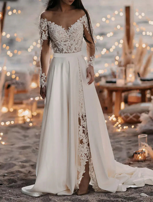 A-Line Satin Long Sleeve High Slit Wedding Dress - Yihuiw by Yihuiw