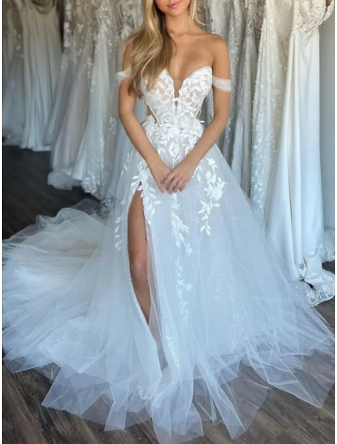 A-Line Sweetheart Tulle High Slit Wedding Dress - Yihuiw by Yihuiw