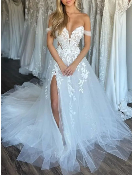 A-Line Sweetheart Tulle High Slit Wedding Dress - Yihuiw by Yihuiw